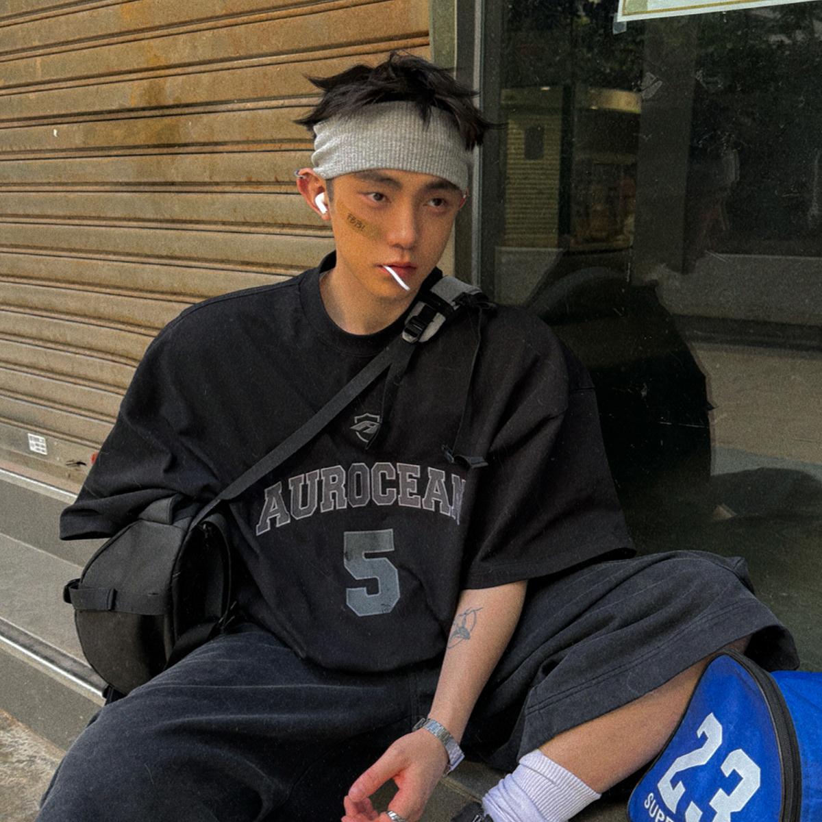 Aurocean 暗黑刺绣球衣T恤 320克重磅纯棉宽松大版球服短袖