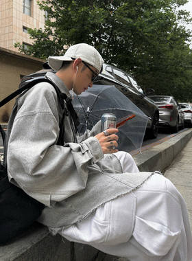 Aurocean 水洗灰牛仔衬衫 复古做旧破损下摆宽松大版衬衣秋冬内搭