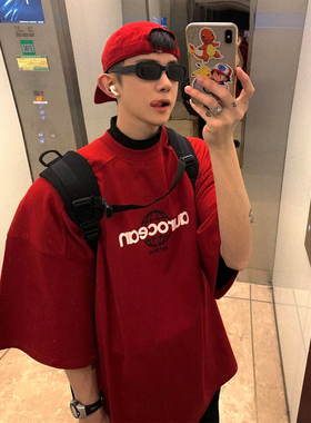 Aurocean 红色T恤 320克重磅全棉复古机能短袖宽松少年感五分袖