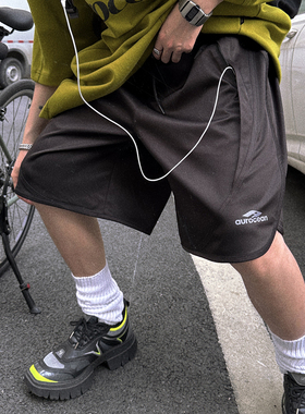 Aurocean 复古少年运动短裤 立体廓形剪裁清凉速干黑色五分裤