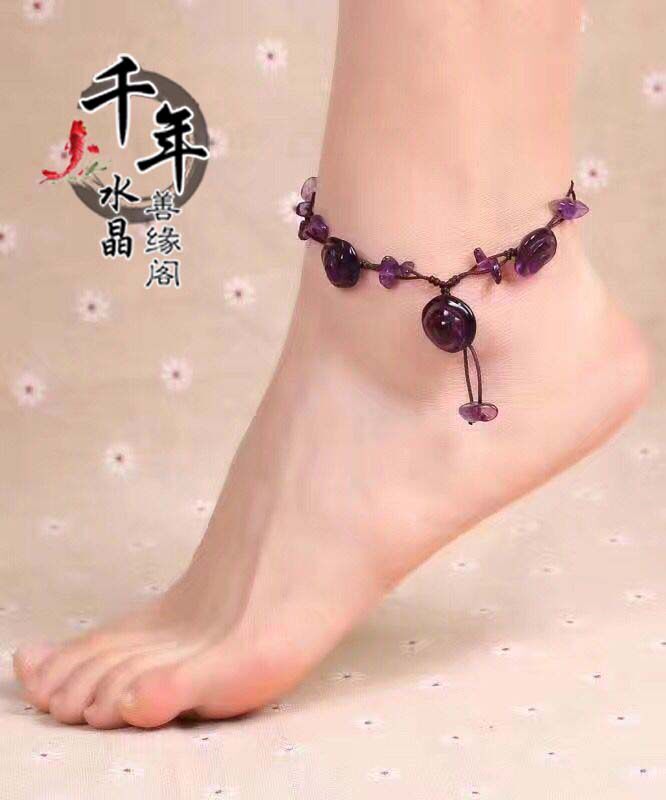 天然紫水晶手工编织三朵玫瑰花脚链