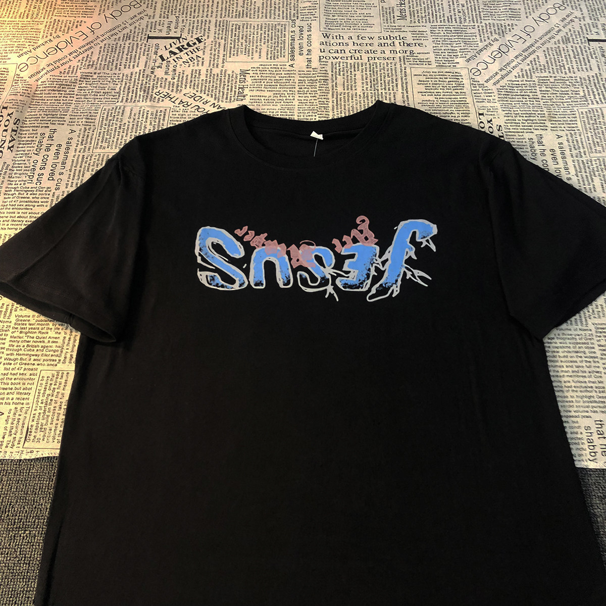 WINGS 프린트 인 남성 및 여성 트렌디 반팔 티셔츠 트렌디 힙합 하이 스트리트 바텀 셔츠 루즈 다크 커플 탑