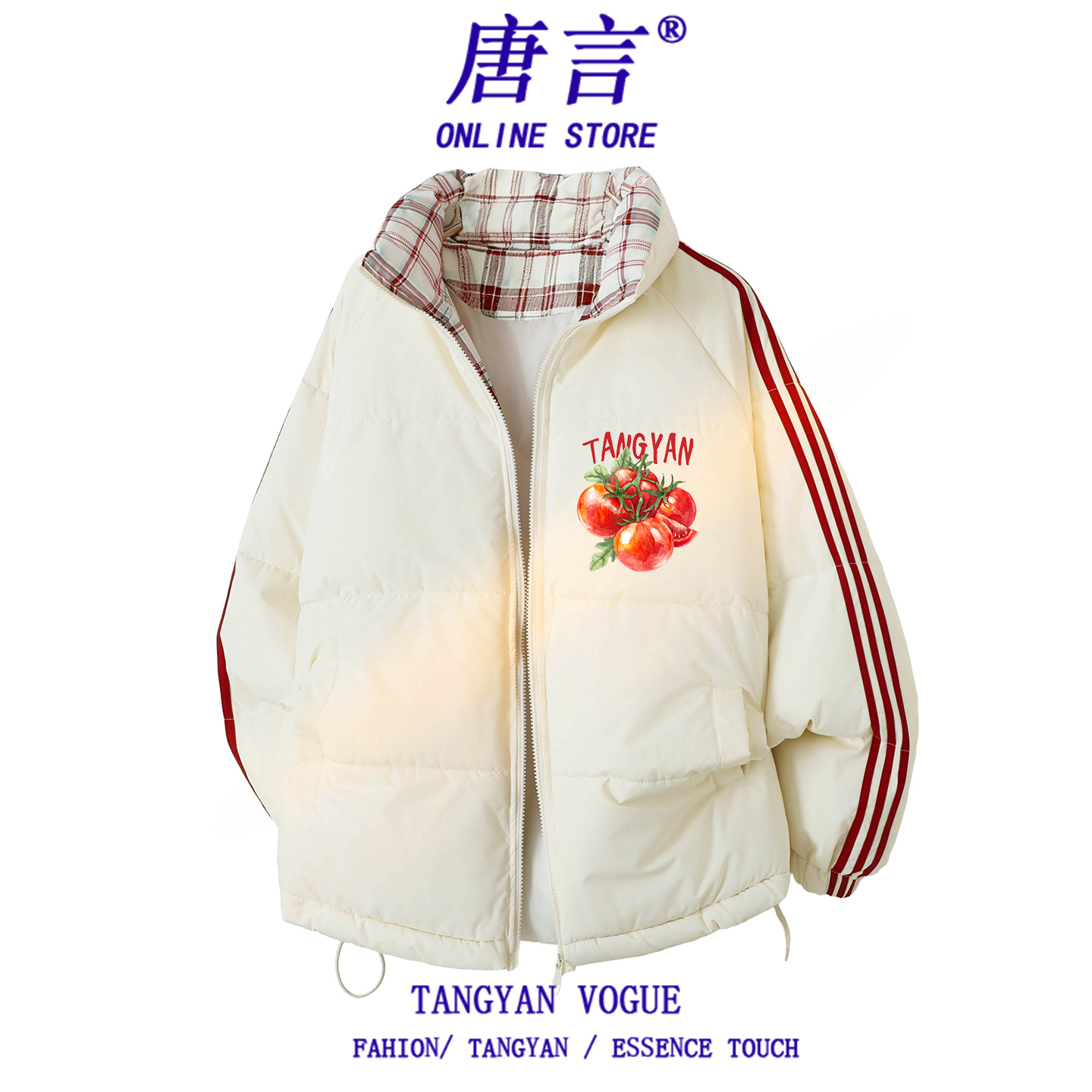 唐言2025秋冬季新款棉衣男女款格子番茄印花加厚保暖立领外套棉服