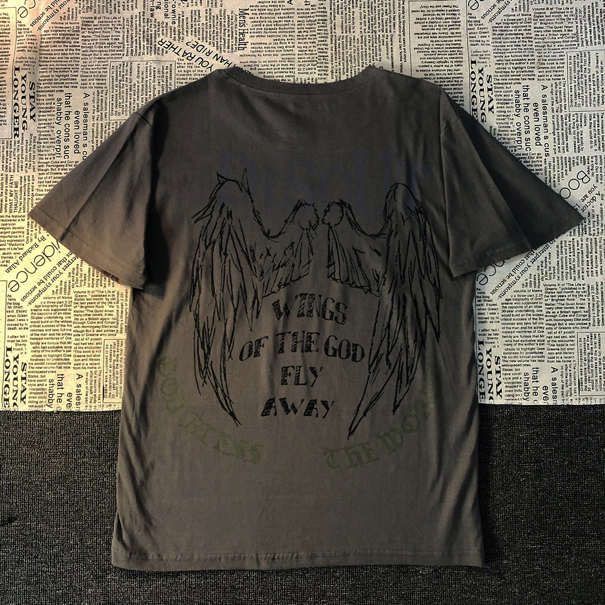 WINGS 프린트 인 남성 및 여성 트렌디 반팔 티셔츠 트렌디 힙합 하이 스트리트 바텀 셔츠 루즈 다크 커플 탑