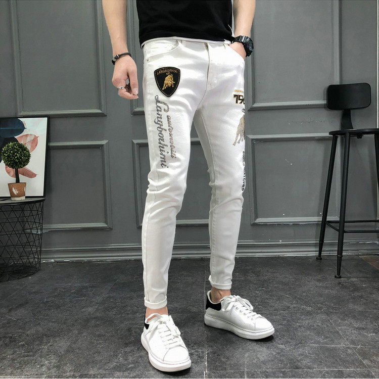 2026春秋季潮牌白色牛仔裤男潮流穿搭金牛烫钻刺绣欧洲站修身小脚,男装,牛仔裤,淘宝优惠券,粉丝福利购,淘宝优惠卷