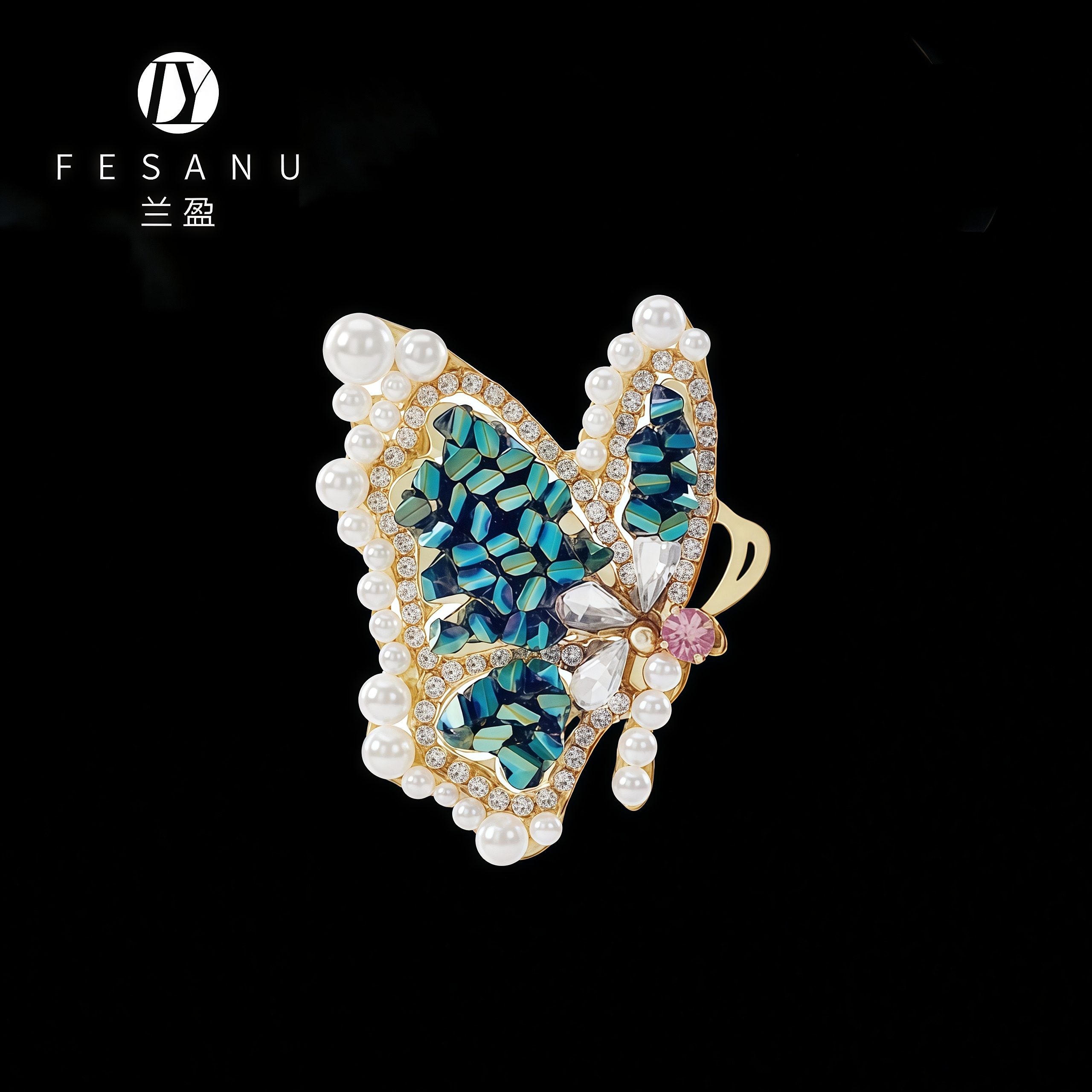 兰盈蝶恋花水晶胸针轻奢小众