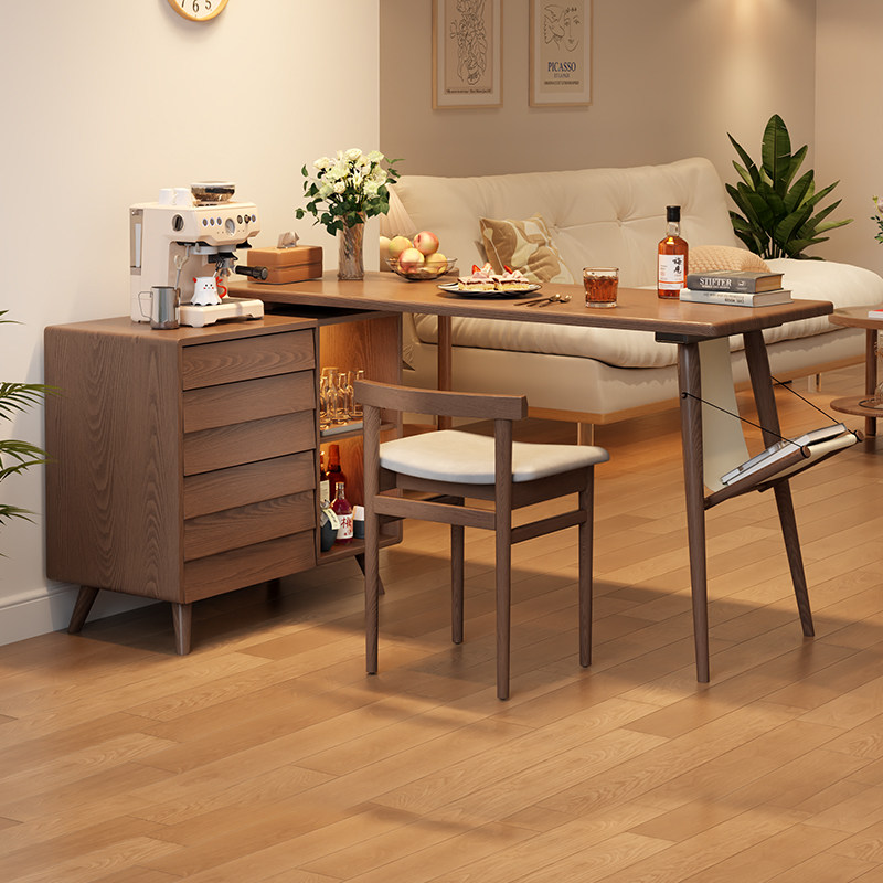 实木吧台桌子家用客厅可伸缩一体餐边柜家庭储物简约现代岛台餐桌