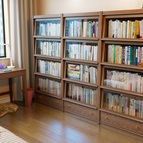 书柜一体整墙收纳柜带门组合家用客厅落地展示玻璃门书架防尘实木