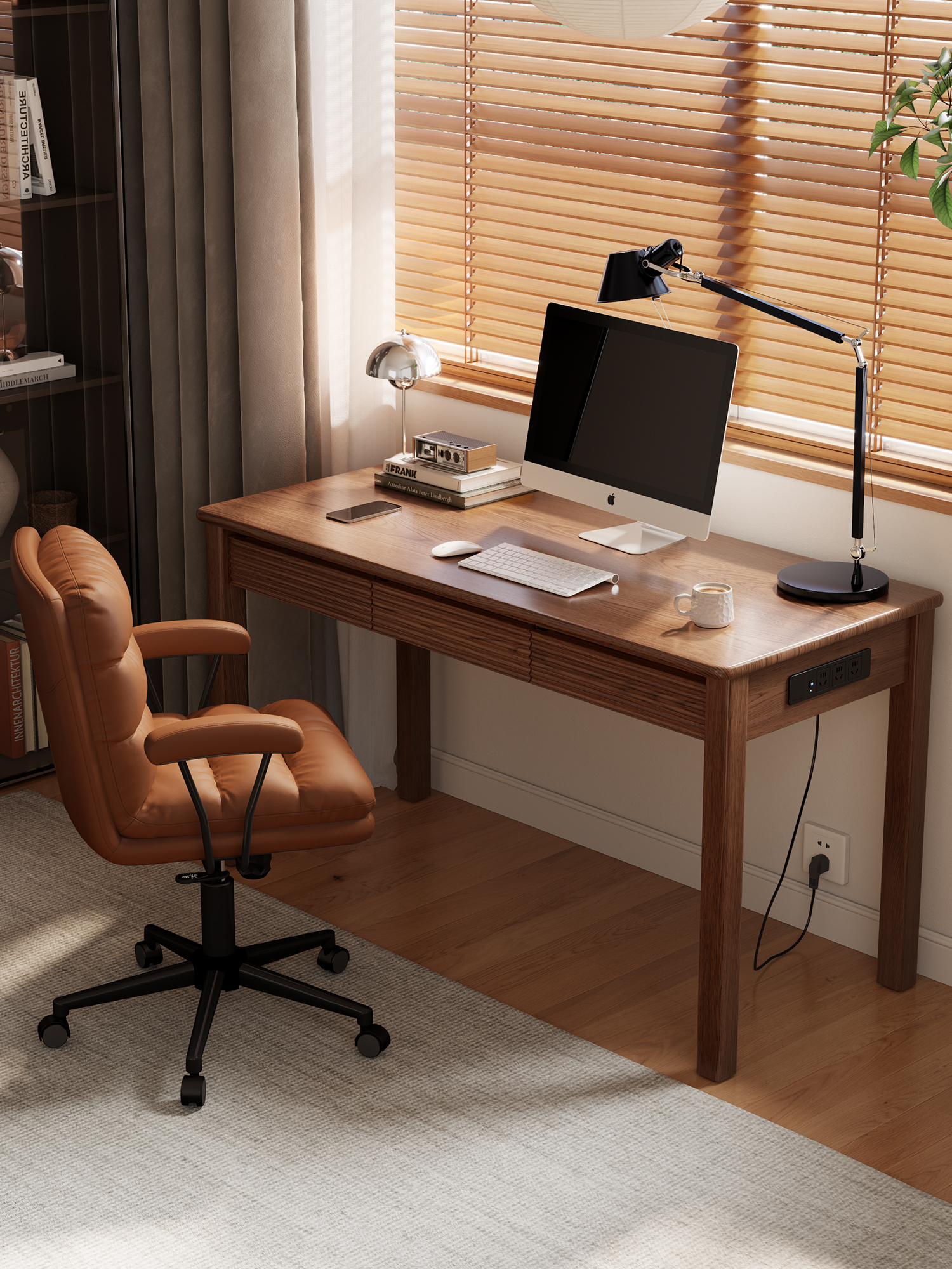 冬木实木书桌中古风办公学习桌简约工作台电脑桌卧室家用写字桌子