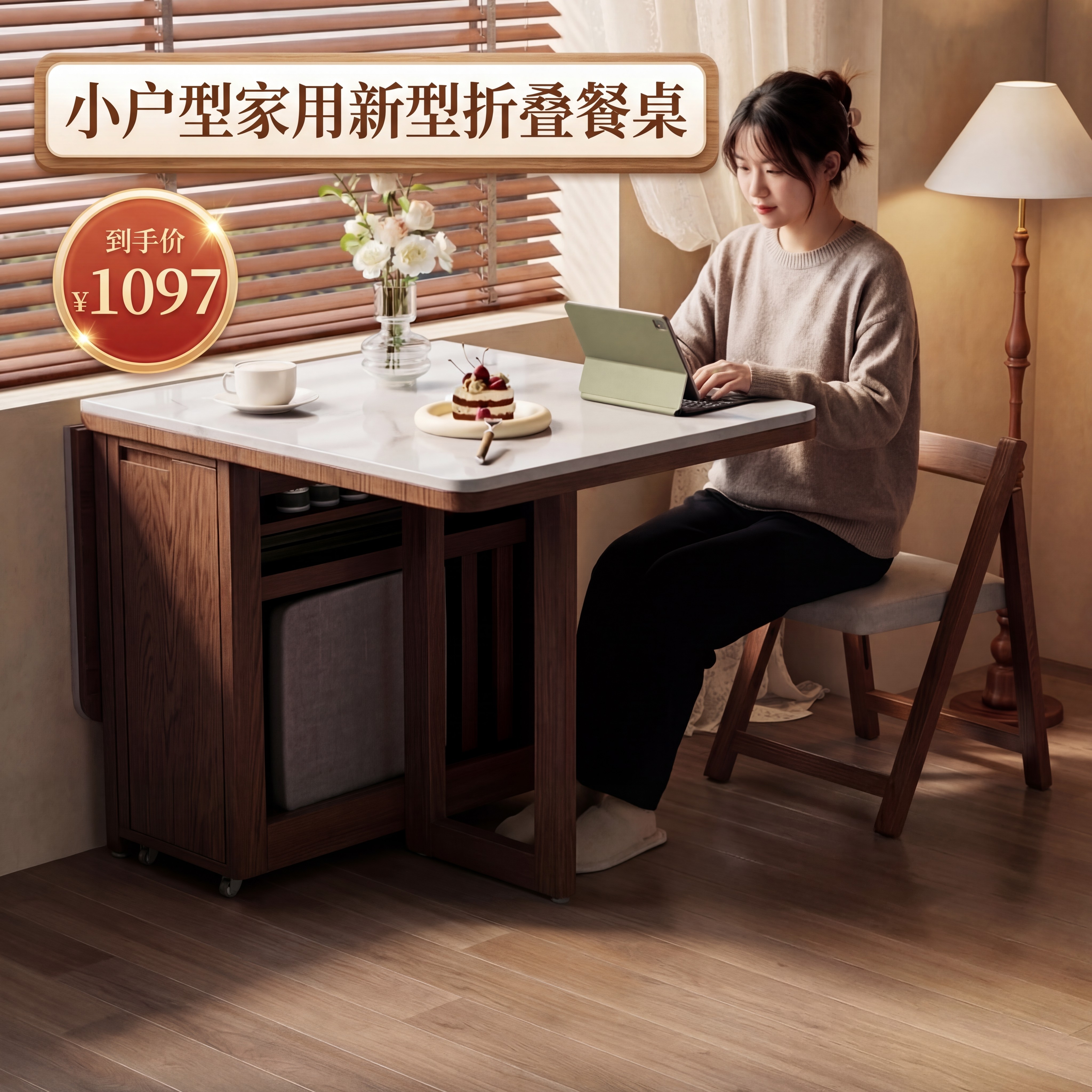 冬木实木岩板餐桌折叠伸缩家用小户型多功能饭桌2026新款客厅桌子