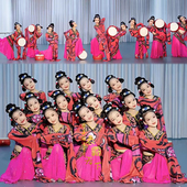 儿童汉唐楚优舞蹈服中国风古典舞民族服踏鼓声声红色水袖 演出服装