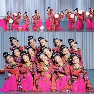 儿童汉唐楚优舞蹈服中国风古典舞民族服踏鼓声声红色水袖演出服装