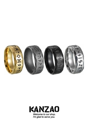 KANZAO新款北欧维京文卢恩符文钛钢戒指古银复古男士饰品