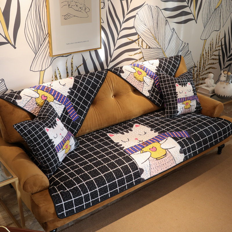 雨朵动漫卡通黑白格子全棉沙发垫套巾布艺防滑四季通用组合定制