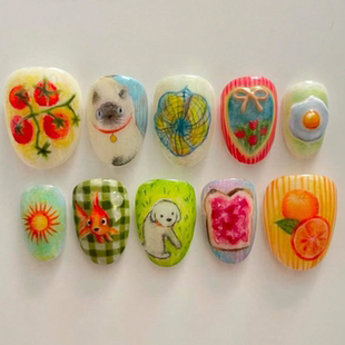 可爱童趣手绘水果蔬菜小动物小清新风点缀短款 穿戴甲杏仁型可拆卸