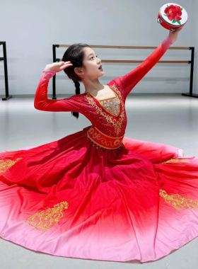 女童新疆维族民族舞舞蹈服演出服红色大摆裙石榴花开铃鼓表演服装