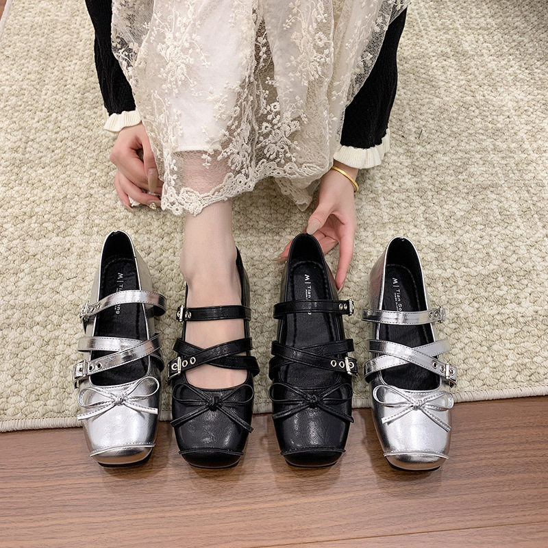 日本年新款法式复古风方头蝴蝶结一字带玛丽珍鞋女夏粗跟芭蕾舞鞋