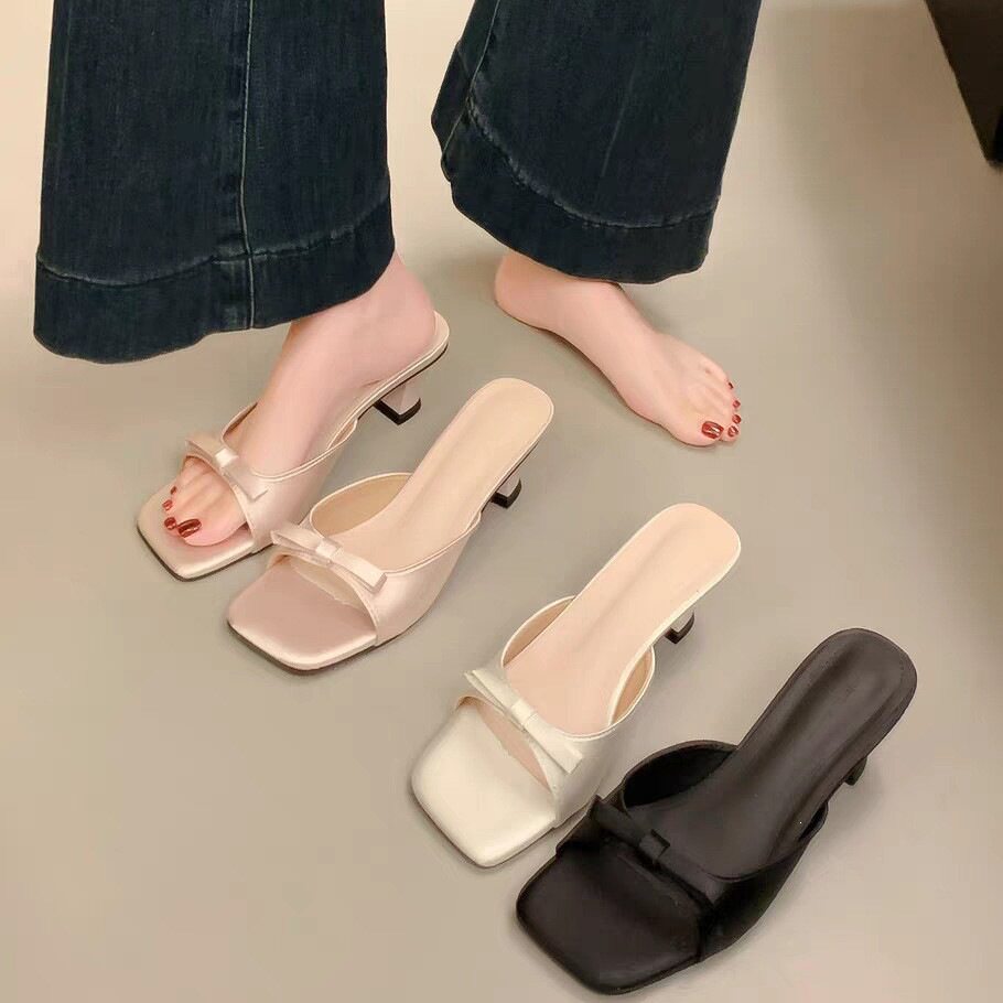 日本蝴蝶结凉拖鞋女夏季外穿时尚新款半拖鞋高跟拖鞋女时尚高级感