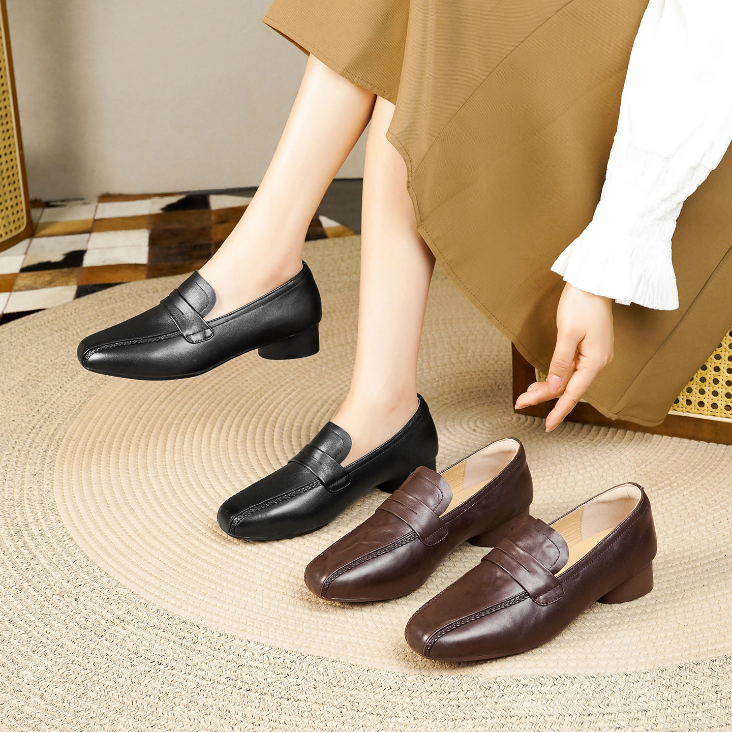 撤柜方头单鞋女春秋季新款真皮软底女士英伦小皮鞋低跟休闲乐福鞋