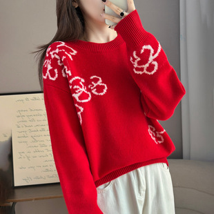 撤柜新年款红色%纯羊毛衫女圆领套头针织衫百搭上衣提花休闲毛衣