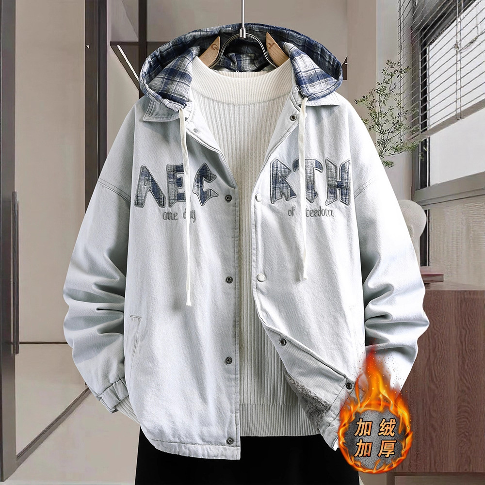 大牌高端秋冬季新款连帽牛仔外套男生青少年加绒加厚宽松美式潮流