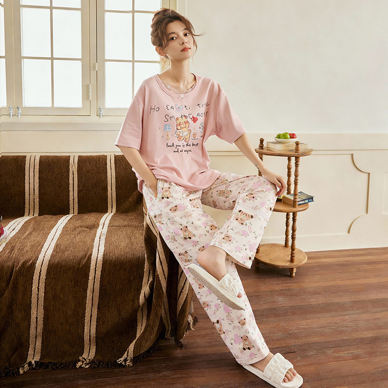 撤柜睡衣女款新款夏季纯棉带胸垫短袖长裤可爱美少女家居服可外穿