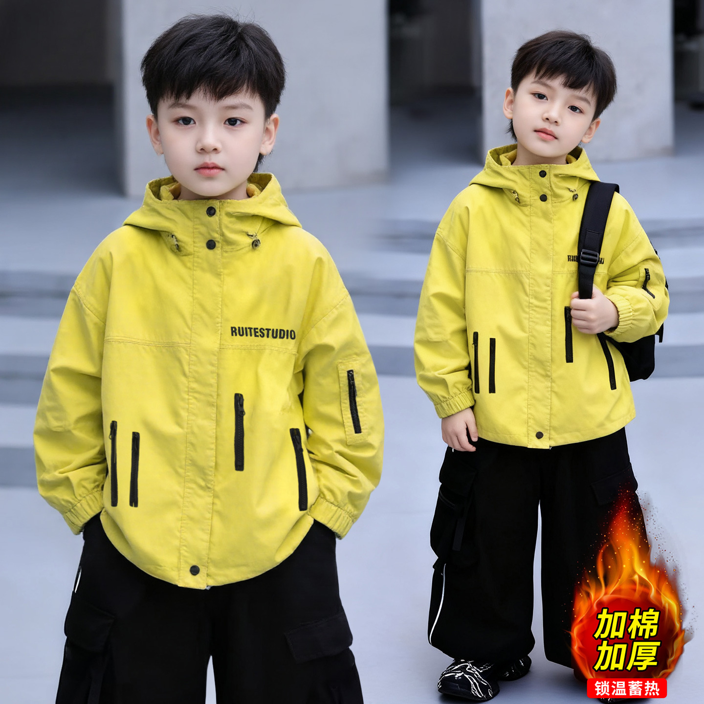 明星同款男童冬季外套新款儿童装洋气夹棉加厚保暖工装连帽冲锋衣