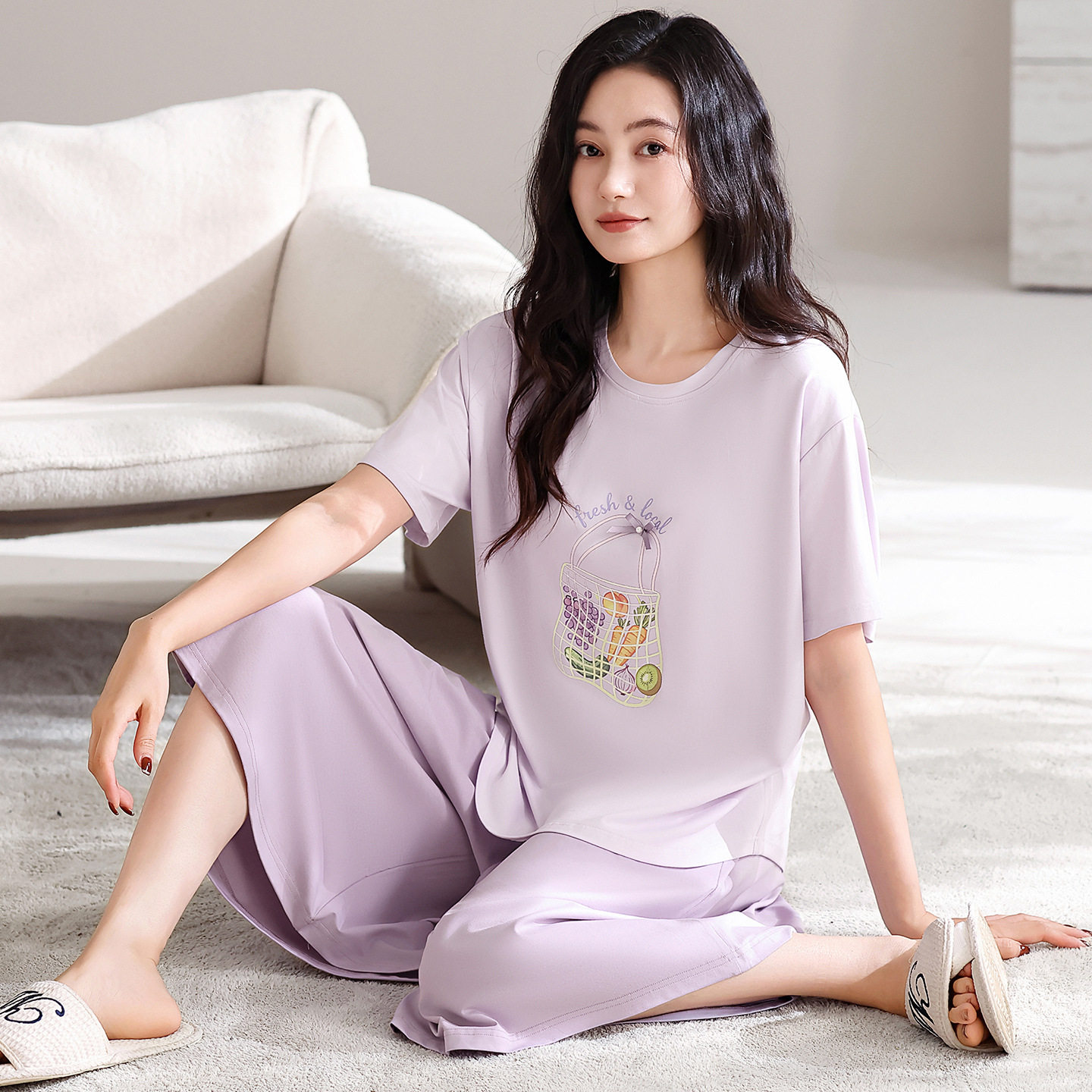 撤柜带胸垫莫代尔睡衣女款短袖七分阔腿裙裤宽松夏季家居服套装可