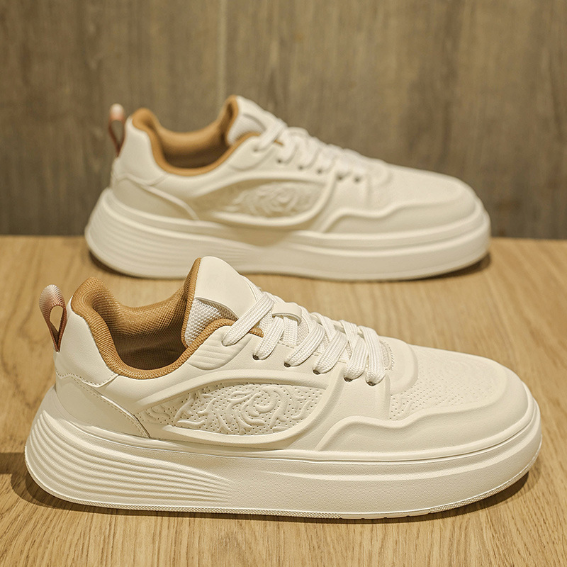 进口新品男鞋秋季透气高级感皮面厚底增高小白鞋男士韩版百搭运动