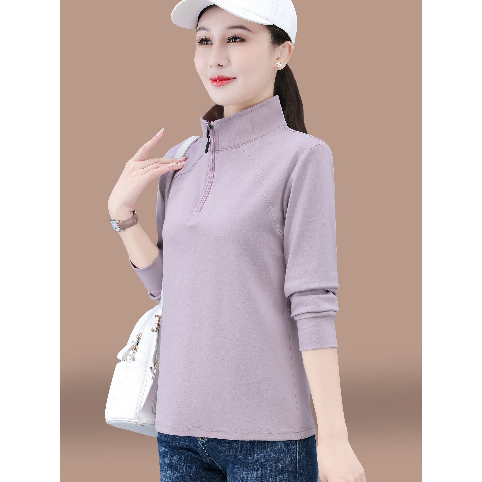 撤柜半拉链长袖t恤女春秋新款中年妈妈春季薄款运动气质女士上衣