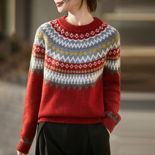 撤柜费尔岛加厚%纯羊毛红色提花针织衫女圆领套头复古毛衣新年款