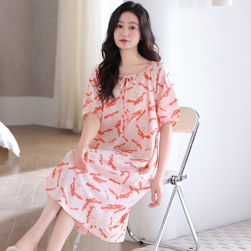 撤柜睡裙女款夏季带胸垫短袖纯棉睡衣裙子长款夏天薄款孕妇大码连