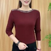 新款 时尚 圆领烫钻洋气妈妈装 撤柜秋季 百搭遮肉显瘦休闲减龄长袖 上