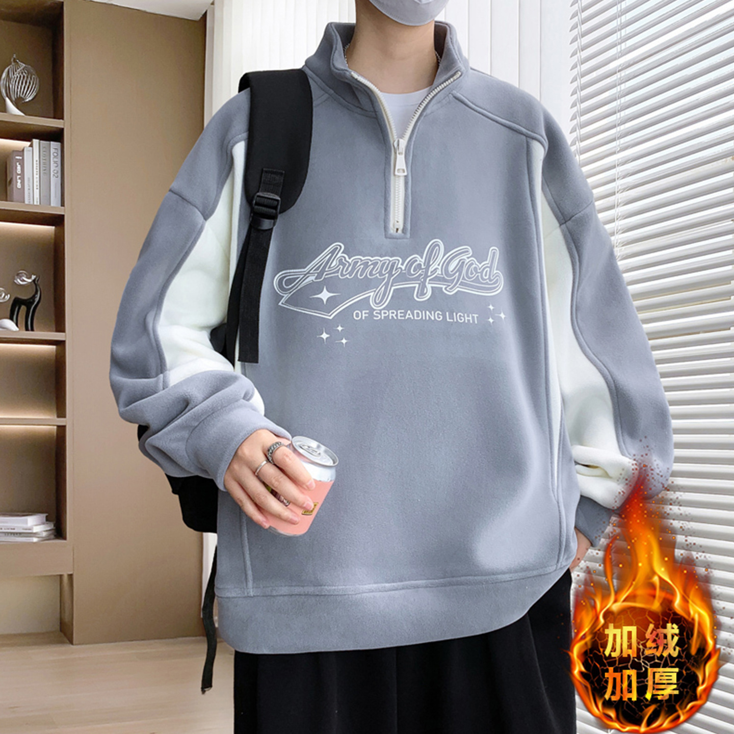 唯品会青少年秋冬款半高领卫衣男孩初中学生加绒加厚打底衫大童保