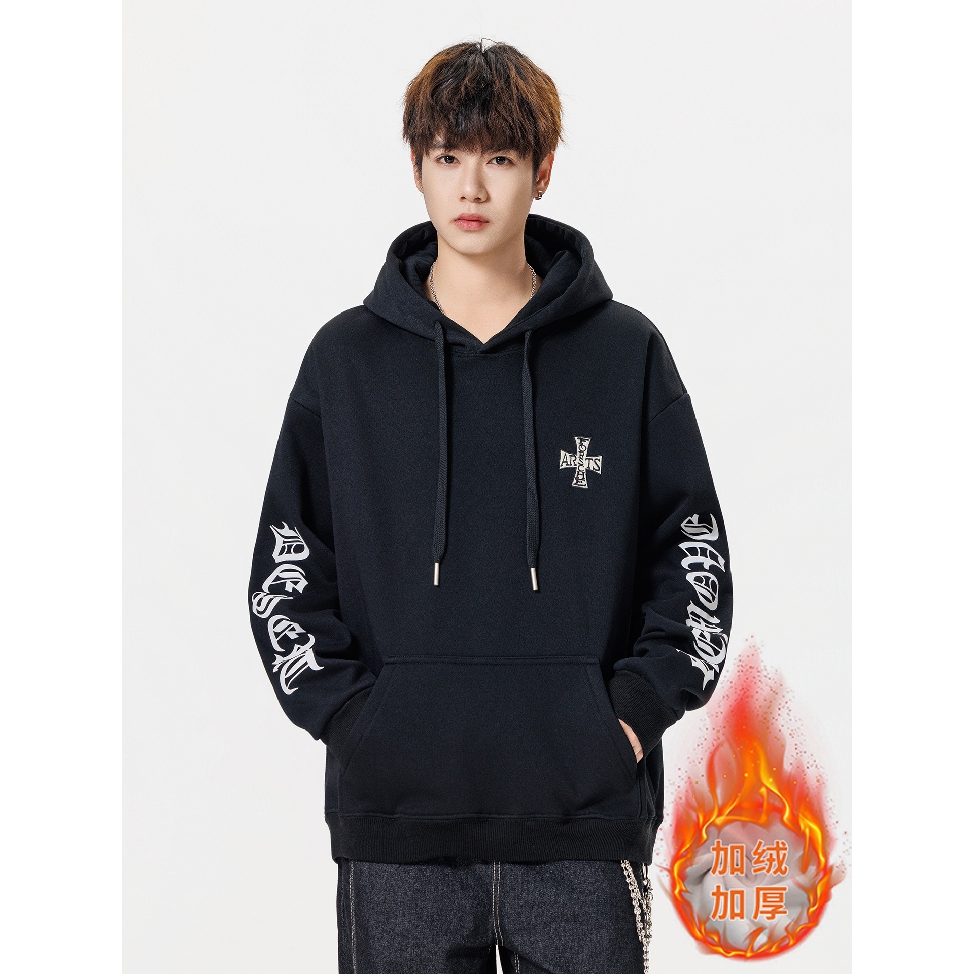 唯品会秋冬季新款加绒加厚连帽卫衣男青少年潮流印花宽松上衣套头