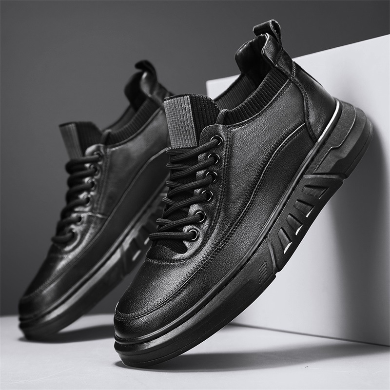 进口时尚秋冬季新款男生滑板鞋学生运动休闲小皮鞋潮流黑色高帮男