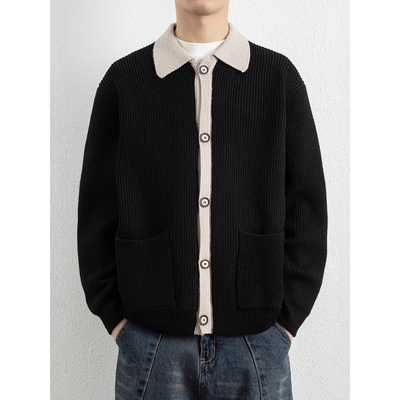 进口新品假两件开衫针织衫男新款夹克秋冬季潮流拼色时尚翻领毛衣