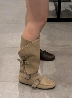 日本时尚圆头内增高磨砂高筒皮靴潮流女靴欧美风靴百搭风朋克西部