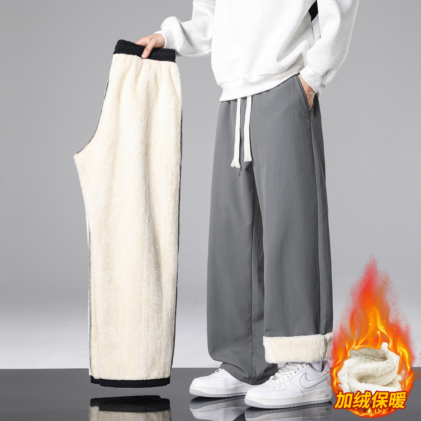 唯品会冬季羊羔毛裤子男孩初中学生加绒加厚休闲长裤青少年大童保