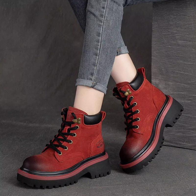 撤柜冬季真皮工装靴厚底英伦风马丁靴女牛皮高跟大黄靴女复古加绒