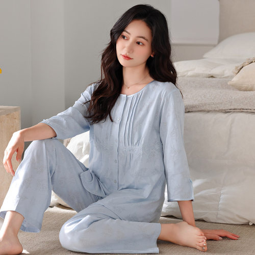 撤柜睡衣夏季款女家居服套装纯棉女款新款七分袖长裤高级感外穿薄
