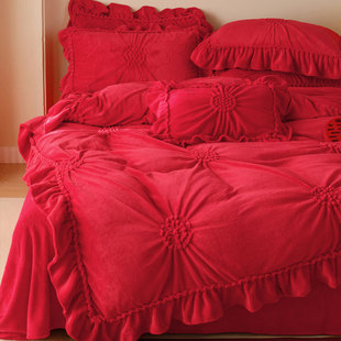婚庆秋冬季加厚牛奶绒四件套红色保暖珊瑚绒被套结婚1.8m床上用品