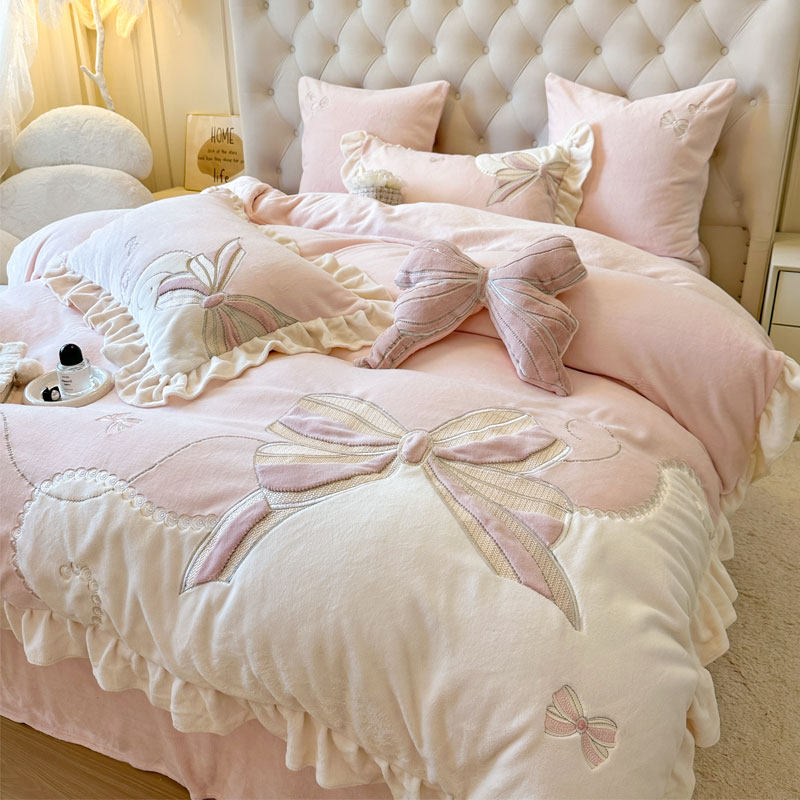 公主风冬季加厚牛奶绒四件套少女心蝴蝶结被套保暖珊瑚绒床上用品,床上用品,床品套件/四件套/多件套,淘宝优惠券,粉丝福利购,淘宝优惠卷
