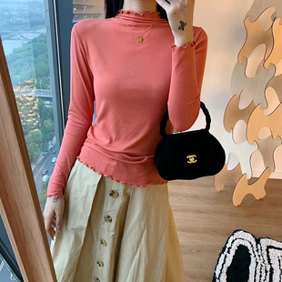 12色半高领木耳边打底衫女薄款德绒打底衫厚款上衣显瘦长袖内搭T