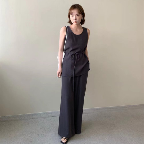 MOOTEA韩版夏季新款时尚气质收腰系带无袖背心阔腿裤两件套套装女