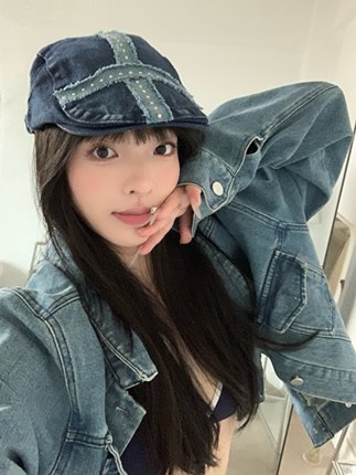 复古水洗新款牛仔铆钉前进帽女小众时尚辣妹风撞色报童帽贝雷帽潮