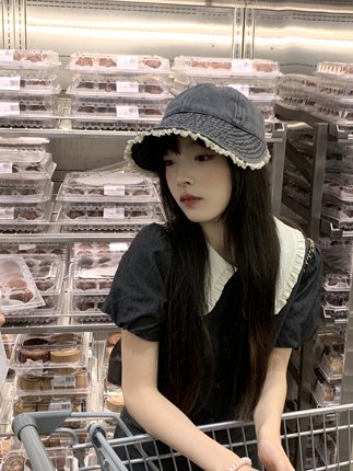 校园女高~牛仔花边渔夫帽夏季女百搭遮脸日系盆帽防晒太阳帽子潮