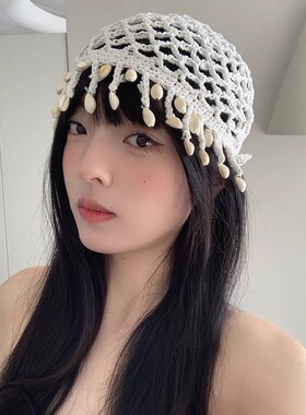 复古波西米亚民族风贝壳流苏针织包头帽子女夏季新款镂空透气冷帽