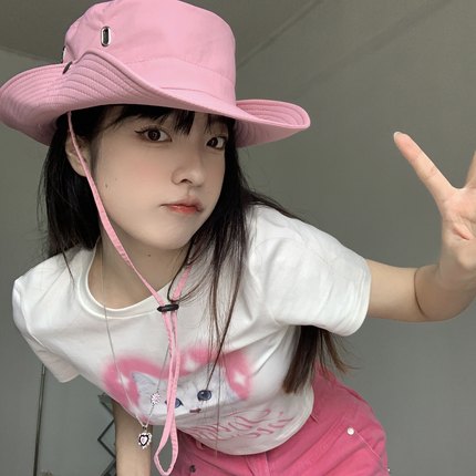 西部牛仔帽女抽绳粉色卷边渔夫帽夏遮阳防晒出游户外登山帽钓鱼帽