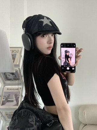 回头率密码~日系复古水钻星星画家帽y2k夏季百搭短檐前进帽八角帽